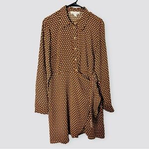 Michael Kors Women’s Geometric Print Brown Long Sleeve Wrap Midi Dress